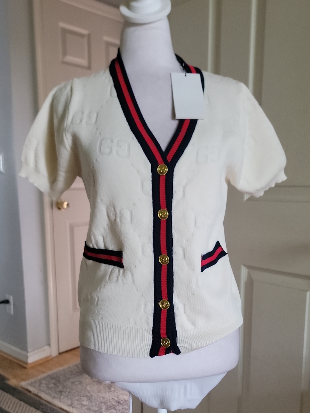 Cream Short Sleeve Cardigan with Navy & Red Trim
